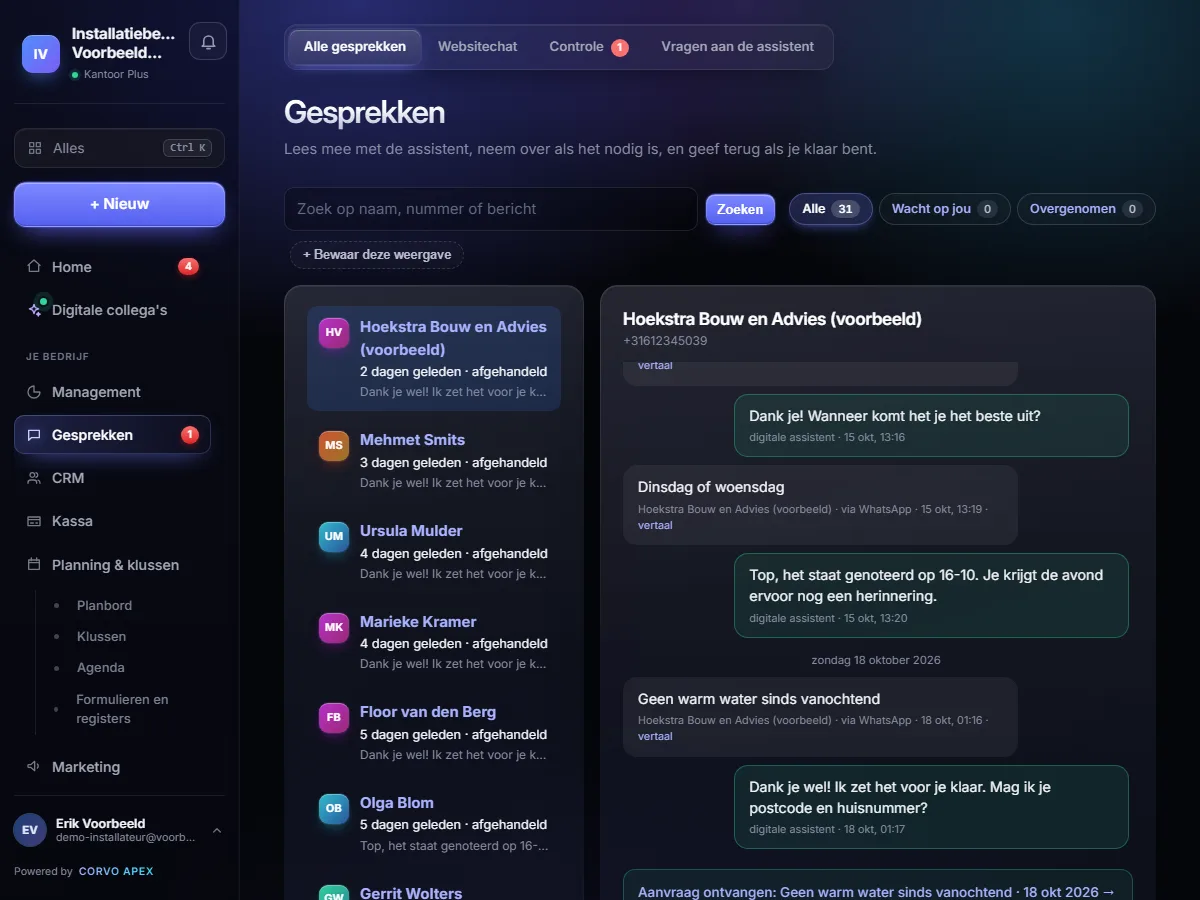 Gesprekken: WhatsApp en websitechat op één plek; neem over wanneer je wilt